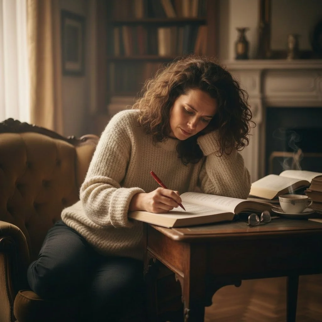 A woman with curly hair, wearing a beige sweater, is sitting at a wooden table, writing in a large book. The room has a cozy, vintage ambiance with bookshelves, a fireplace, and a steaming cup of tea on the table.