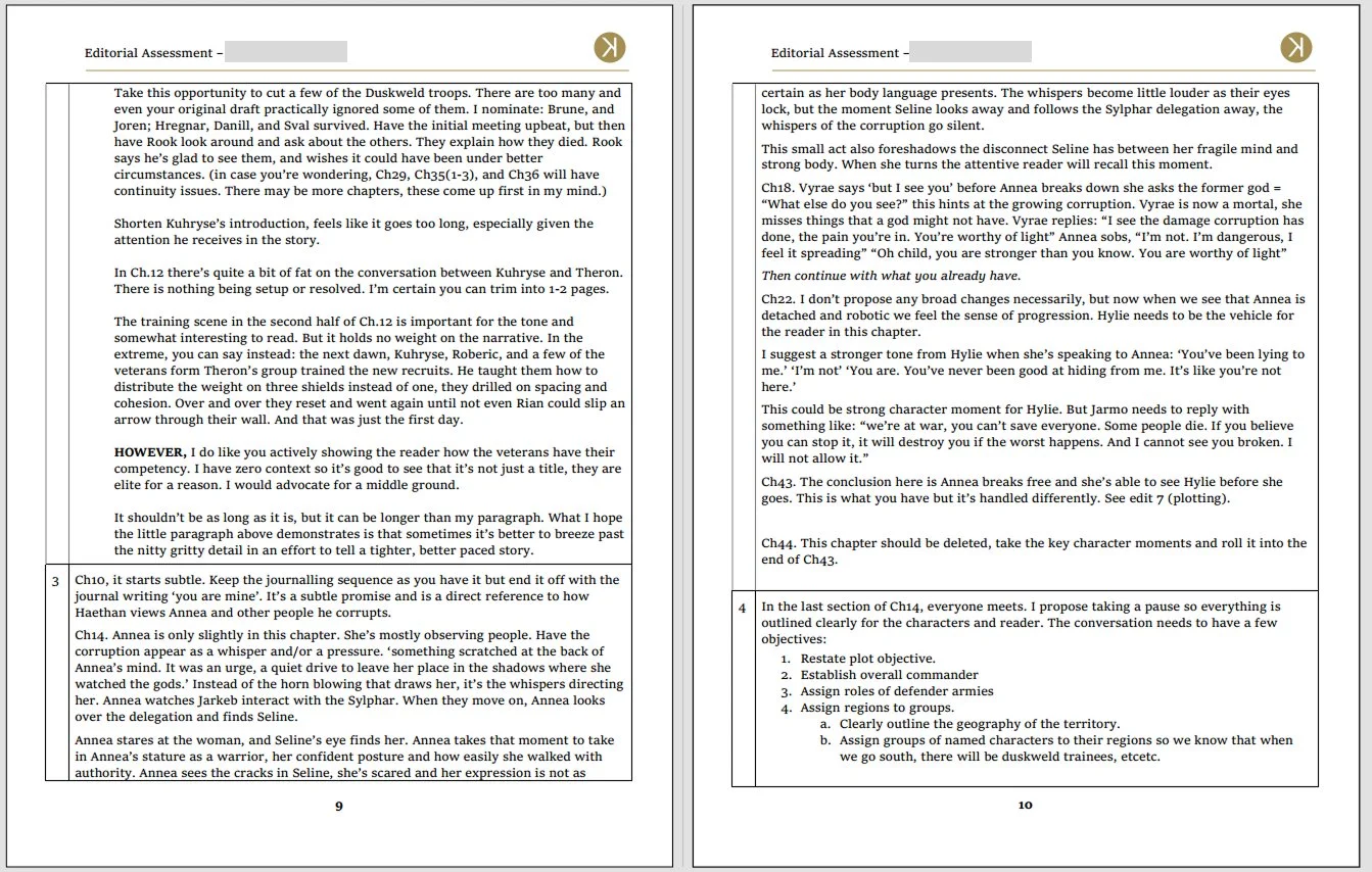 Two pages of the Editorial Assessment report; including specific plot edits.