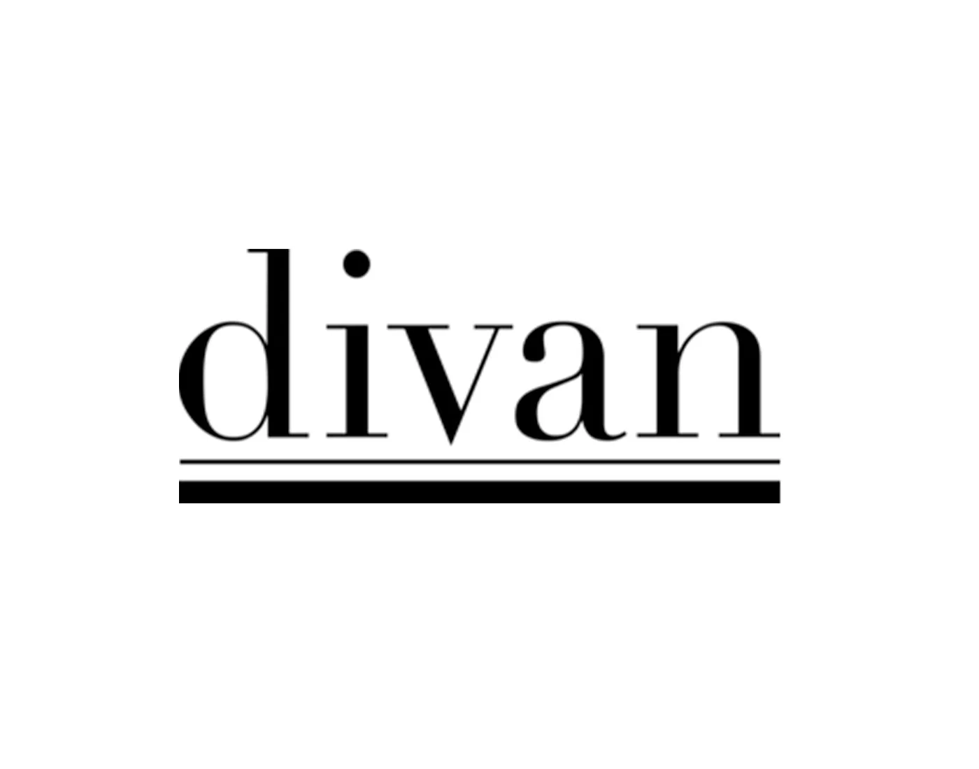 Black and white logo with the word 'divan' in lowercase letters, with two horizontal lines beneath it, one thinner and one thicker.