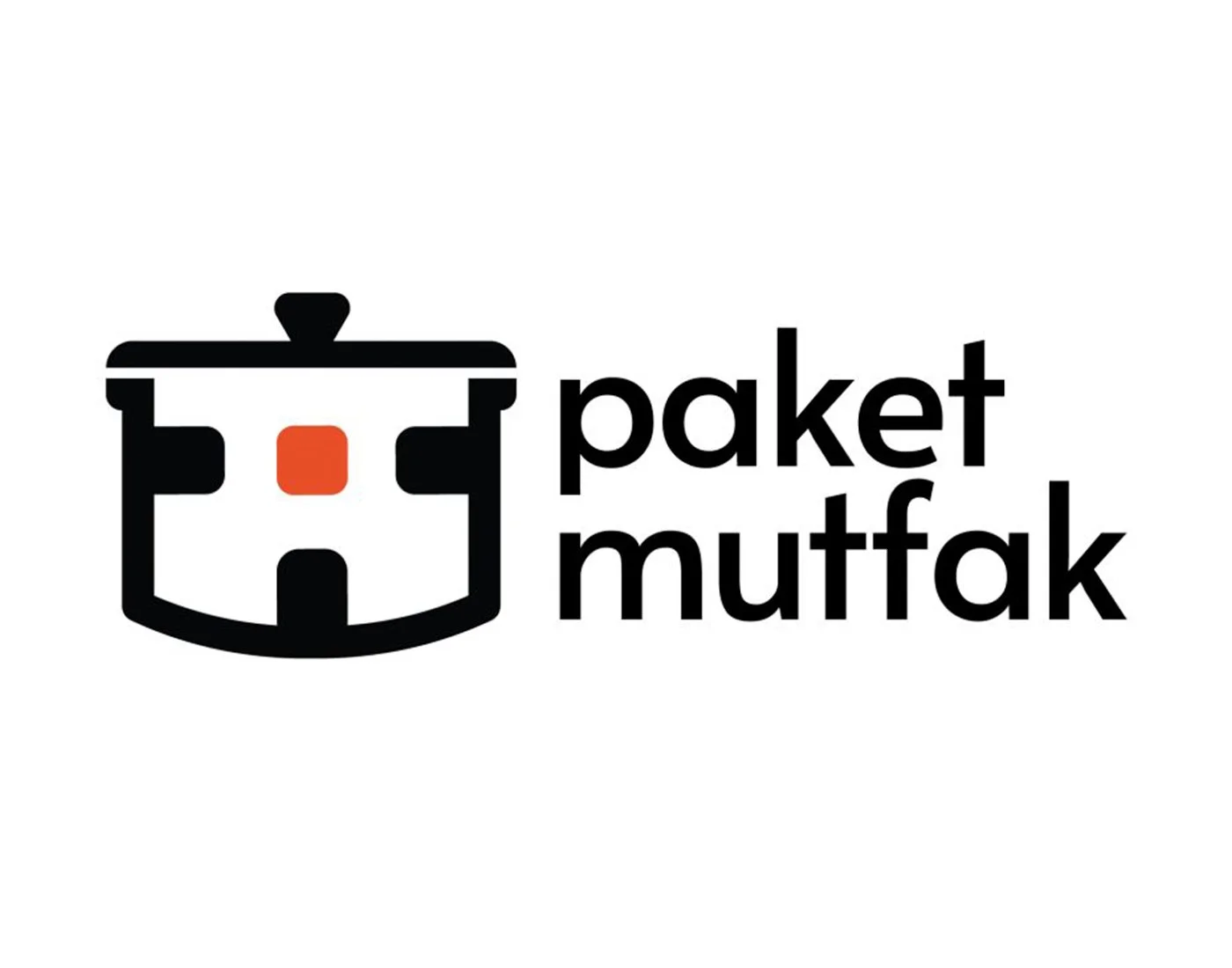 Logo featuring a simplified illustration of a cooking pot with a small red square in the center and the words 'paket mutfak' next to it.