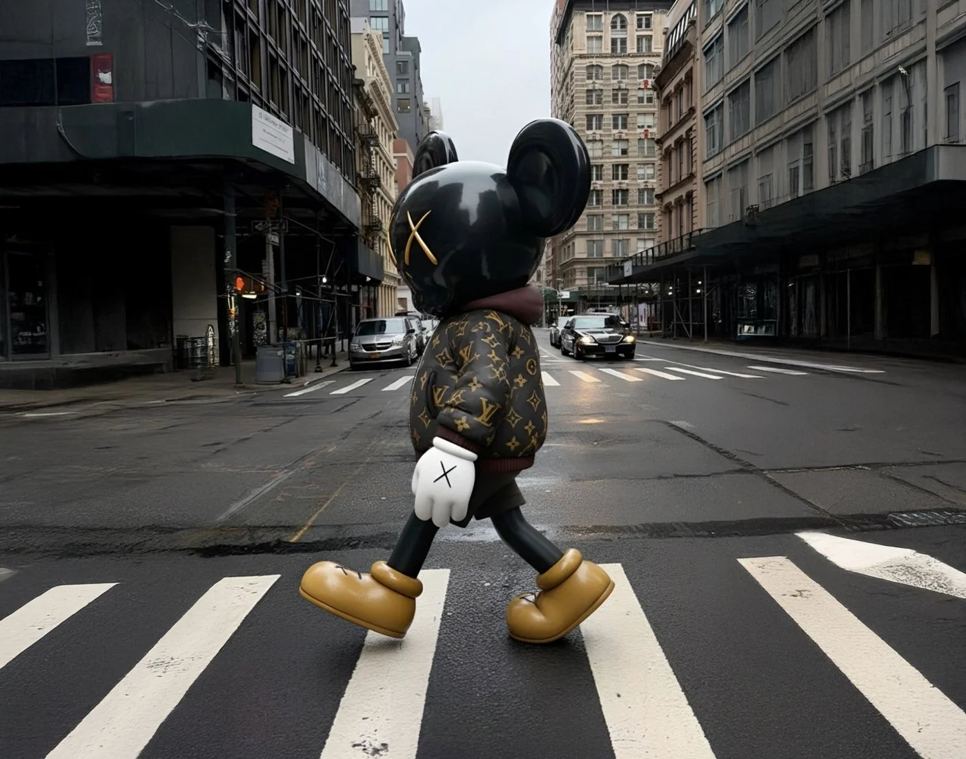 A large statue of a cartoon character resembling Mickey Mouse with a black head, gold X on the face, and Louis Vuitton patterned clothing walking across a city street crosswalk on a rainy day.