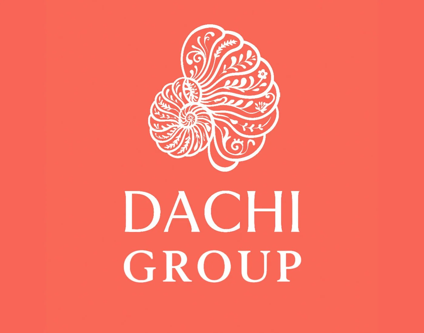 A coral background with a white, intricate, spiral seashell design and the words 'DACHI GROUP' in white capital letters below it.