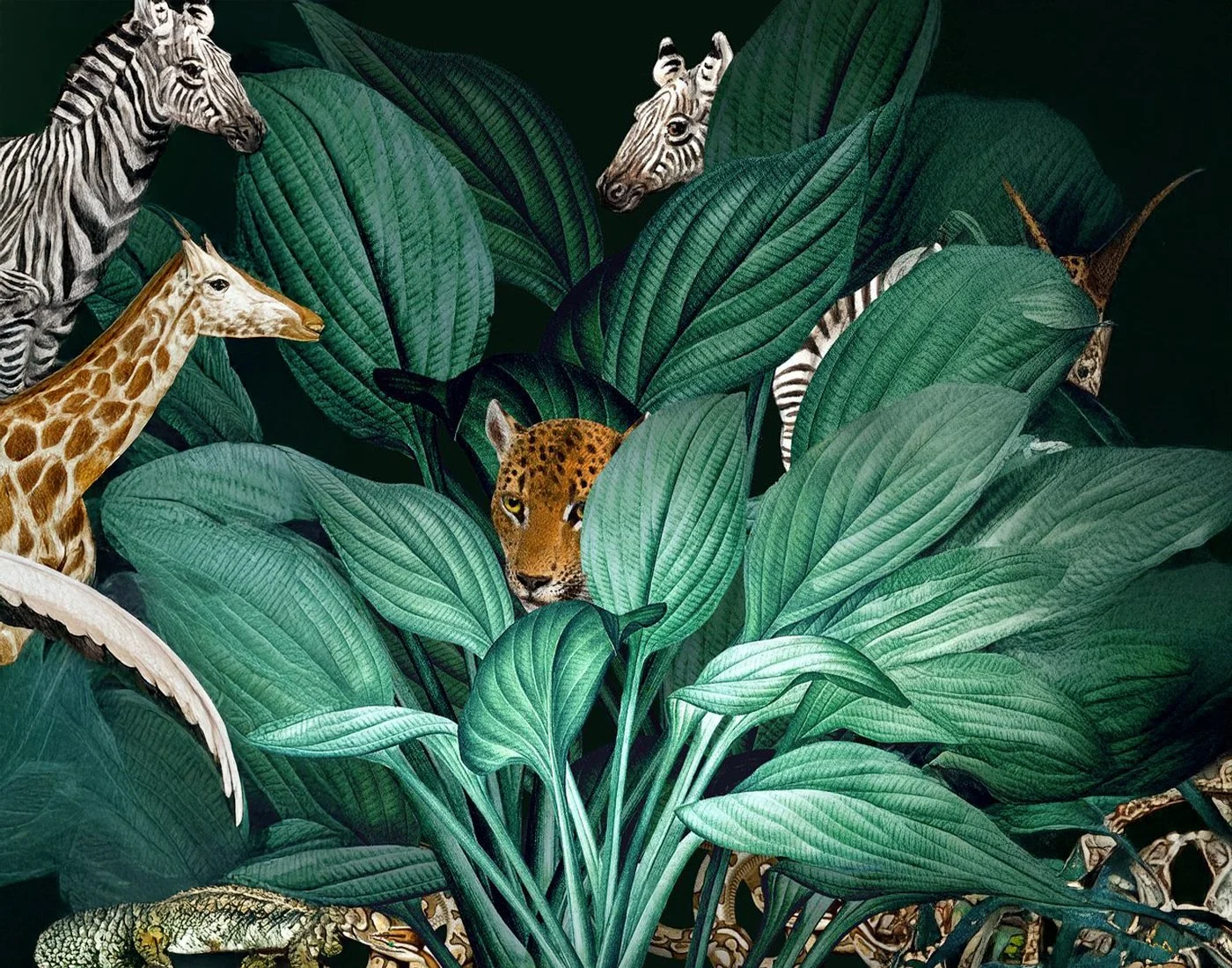A collage of jungle leaves with various wild animals hidden among them, including a giraffe, zebra, jaguar, snake, and butterfly.
