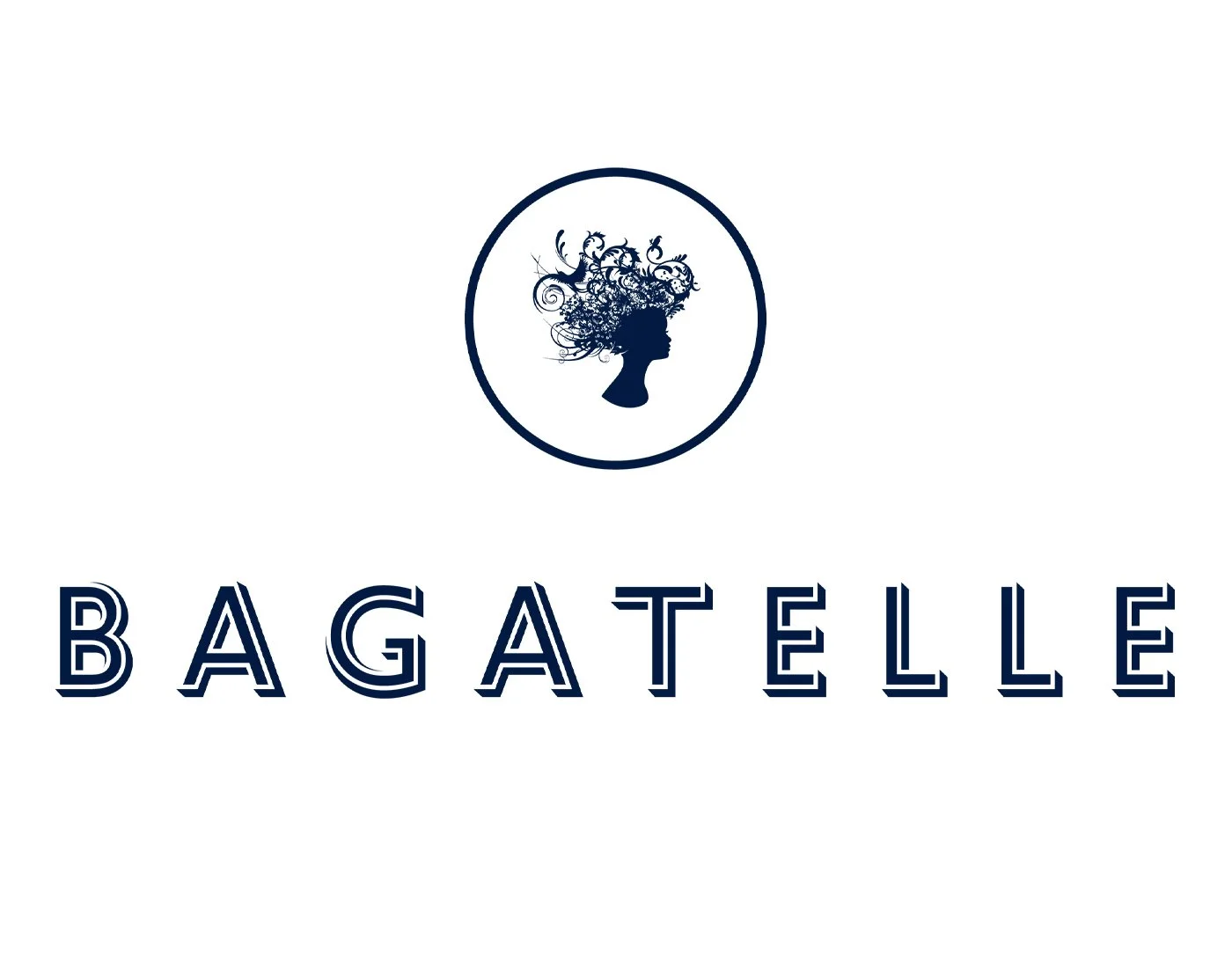 Logo featuring a silhouette of a woman's head with an intricate, swirling hairstyle inside a circle, and the word "BAGATELLE" written below in bold, decorative letters.