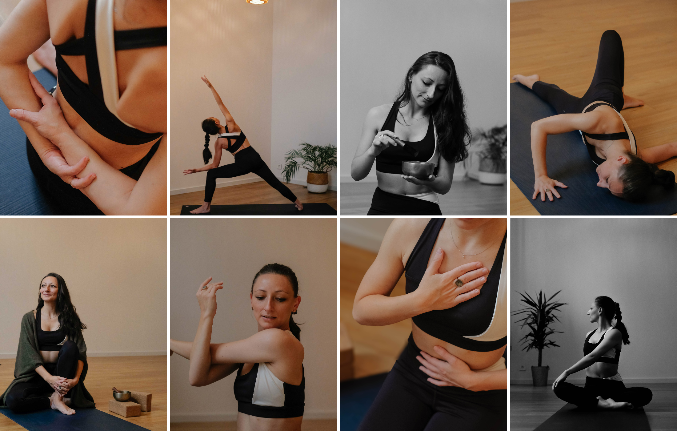 Reportage photo réalisé à Lyon autour du yoga et du bien‑être : enchaînements de postures, moments de méditation, accessoires de pratique et ambiance intérieure apaisée.