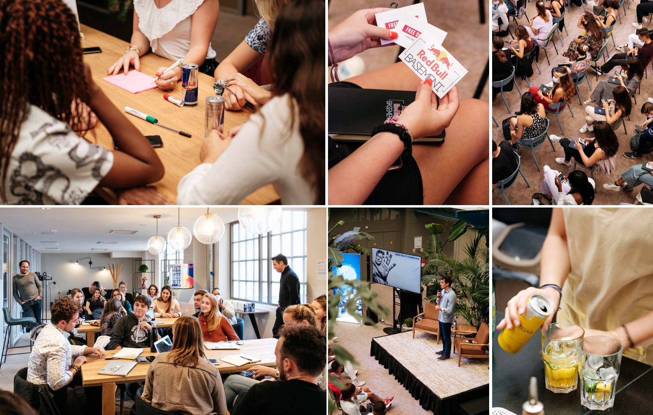 « Reportage photo réalisé pour Red Bull : atelier collaboratif, moments de présentation, échanges entre participants et ambiance d’événement créatif.