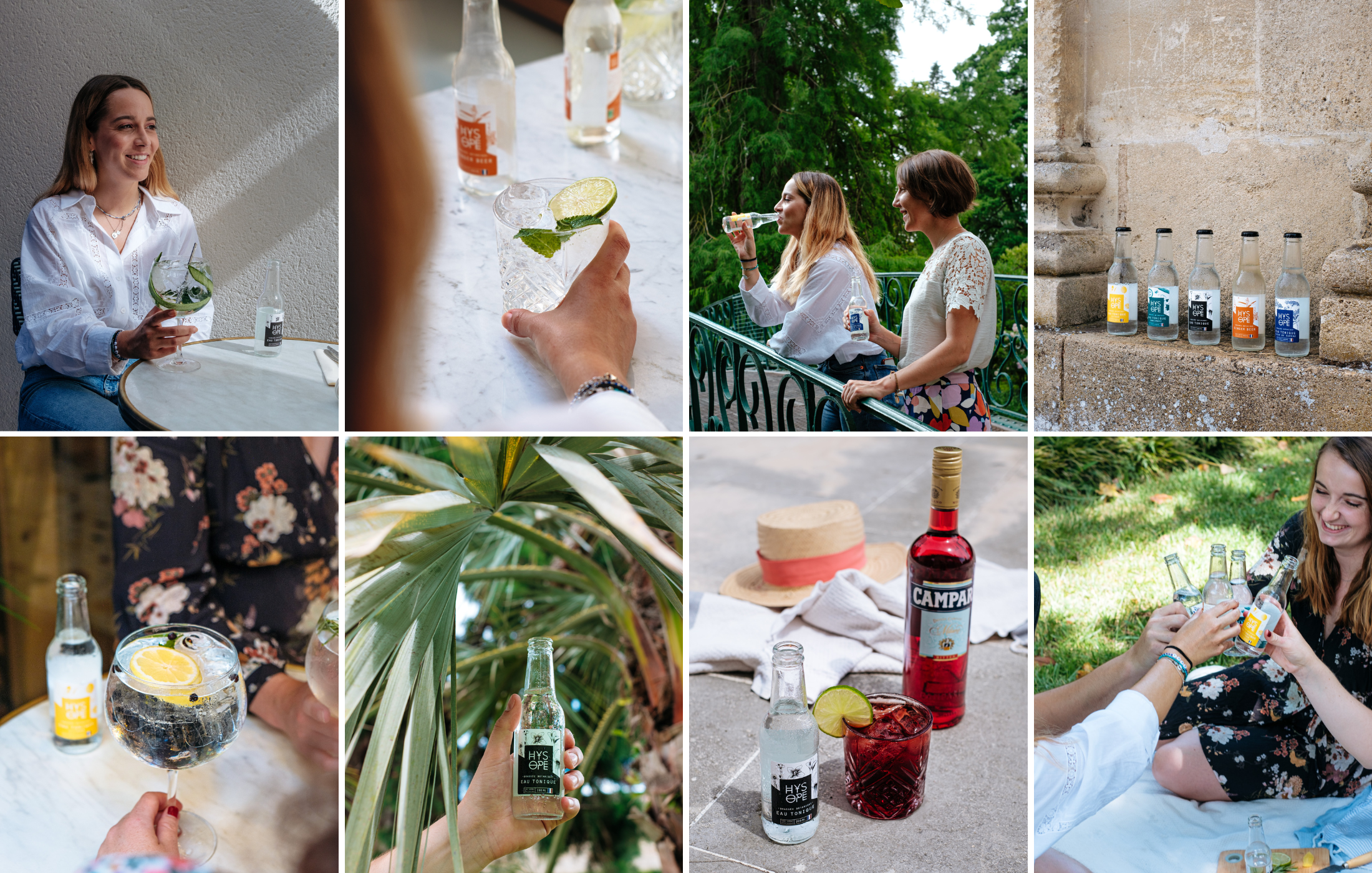 Reportage photo réalisées pour une marque française de mixers : scènes de dégustation, bouteilles de tonics aromatisés, cocktails et moments de convivialité en intérieur et en extérieur.
