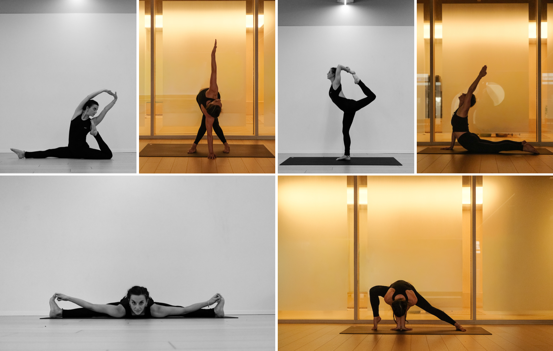 Reportage photo réalisé à Lyon autour du yoga : enchaînements de postures, travail du corps, gestes précis et ambiance minimaliste en intérieur.