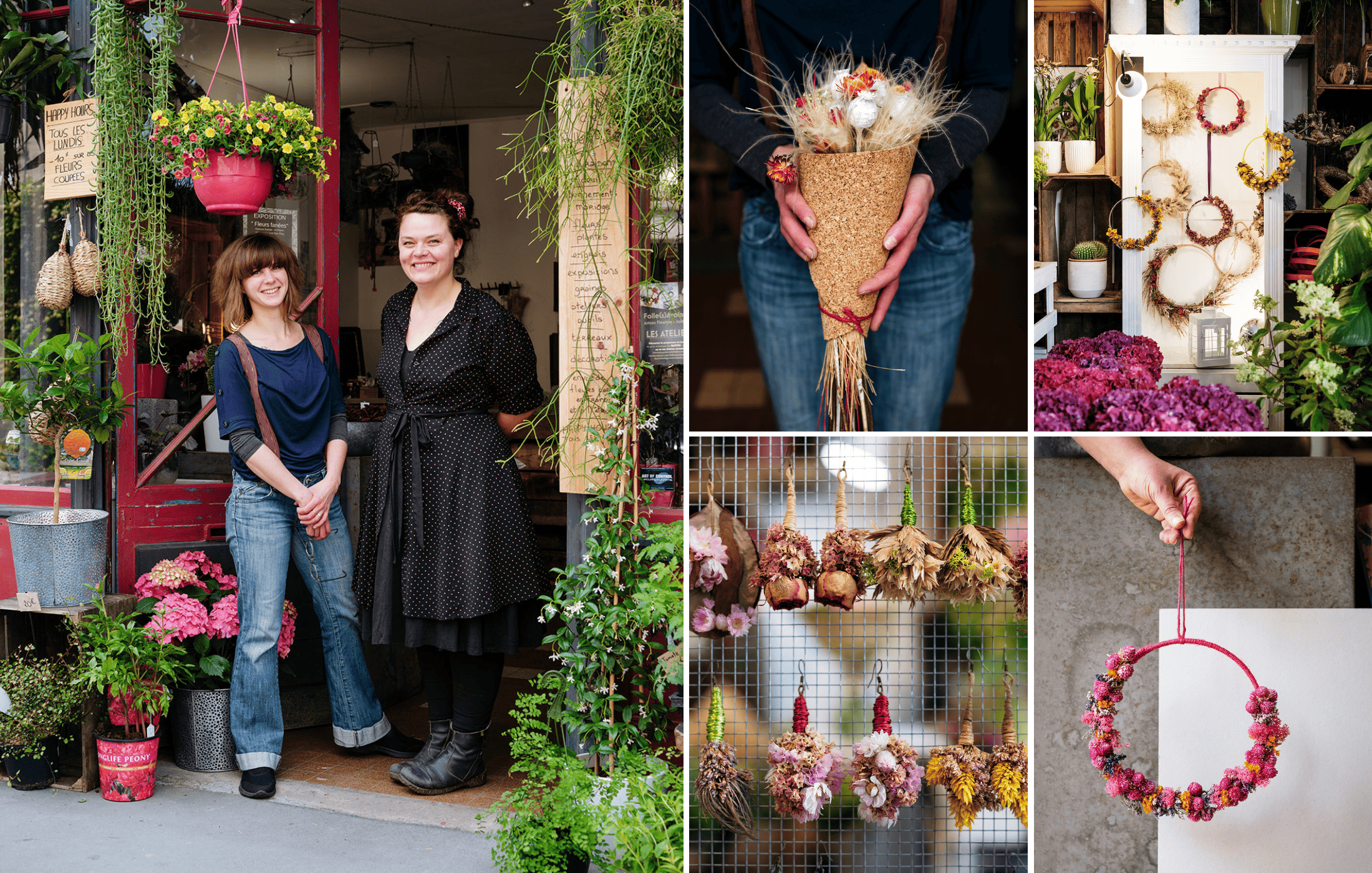 Reportage photos réalisées pour une boutique de fleurs à Bordeaux : portraits des artisans, compositions florales séchées, objets décoratifs et vues de l’atelier.