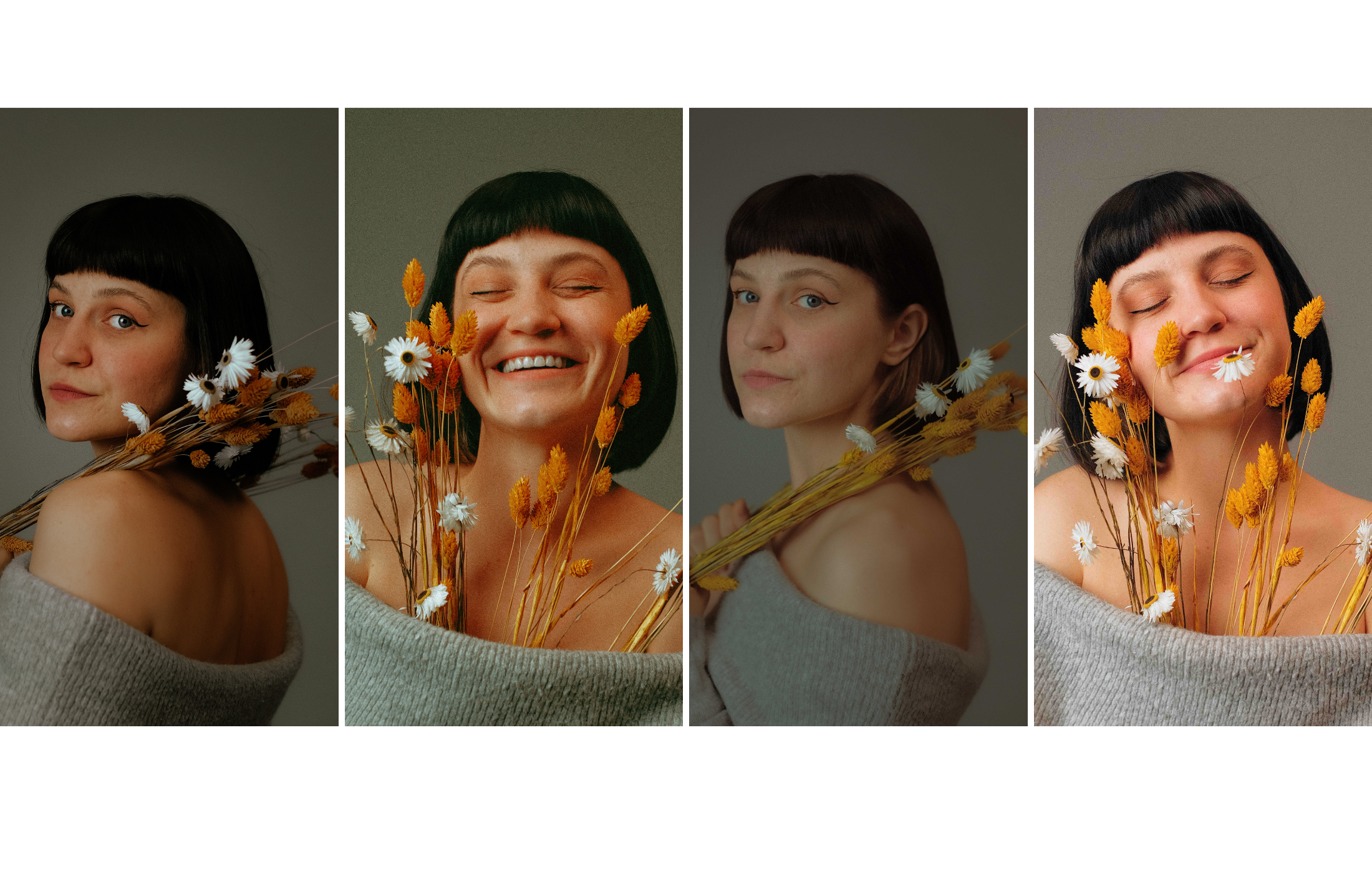 Reportage photo réalisé en studio à Lyon : portraits posés, jeux d’expressions, mise en scène avec bouquet de fleurs séchées et ambiance douce.