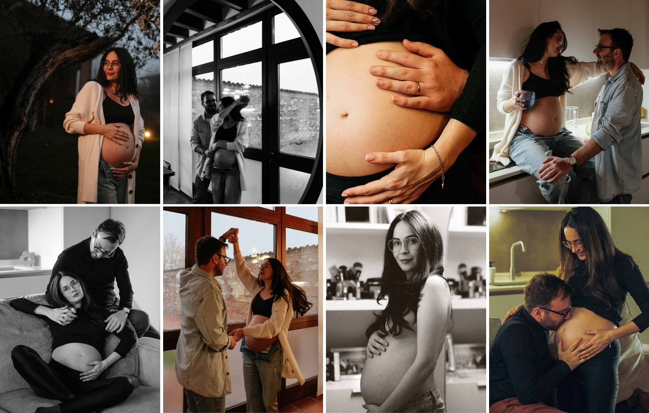 Reportage photo réalisé à Lyon pour une séance maternité : moments de tendresse du couple, gestes autour du ventre, scènes en intérieur et en extérieur.