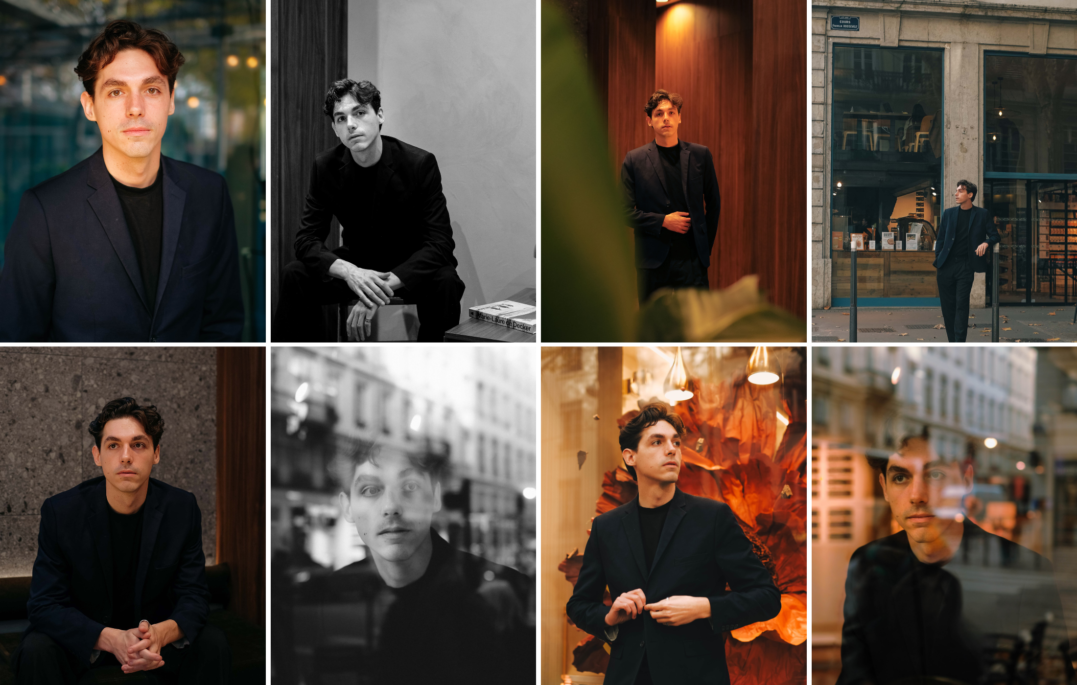 Reportage photo réalisé à Lyon pour un book de comédien : portraits posés, scènes du quotidien, jeux d’attitudes et ambiances variées en intérieur.