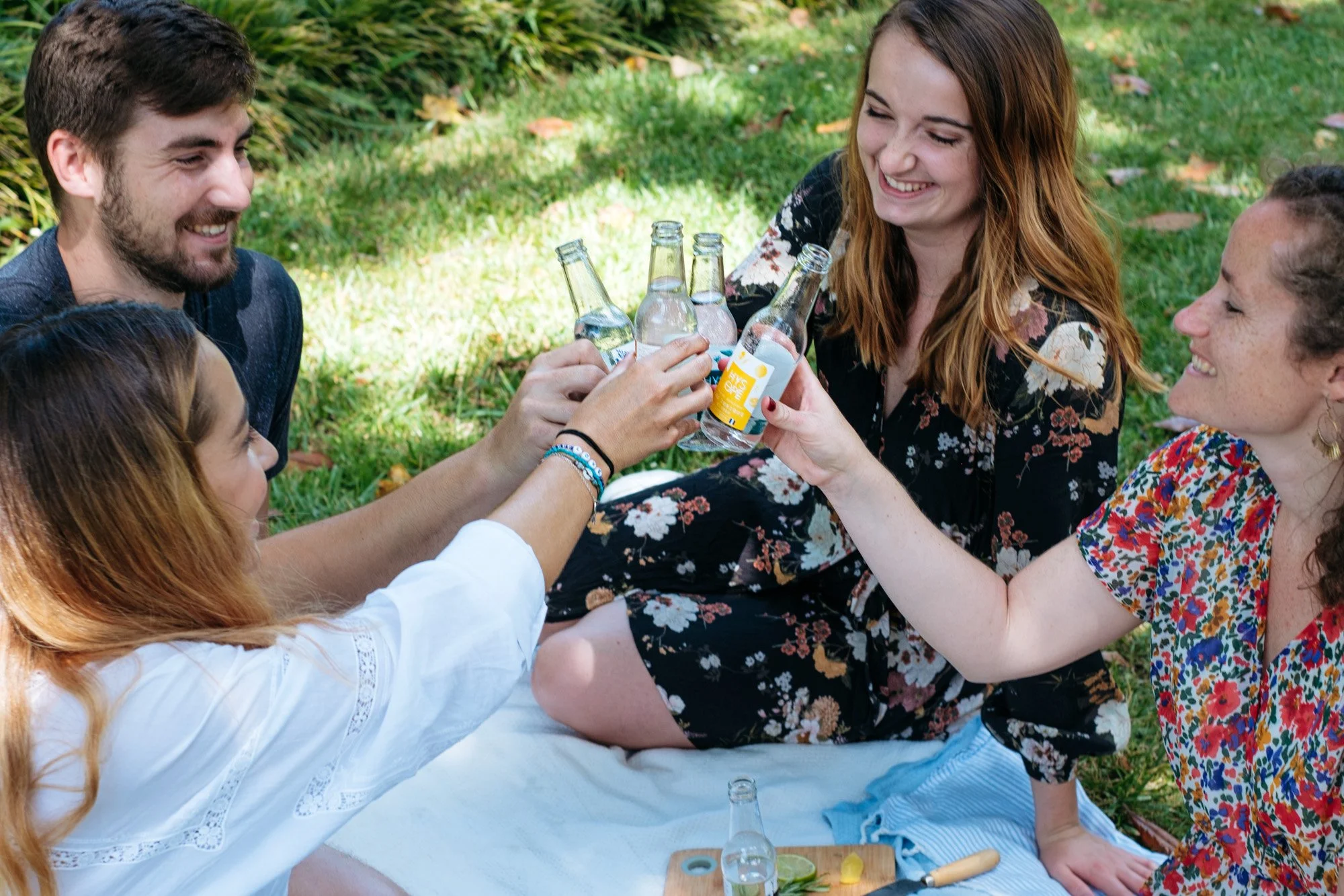 Groupe de cinq amis assis sur une couverture dans un parc, faisant un toast avec des bouteilles de boissons.