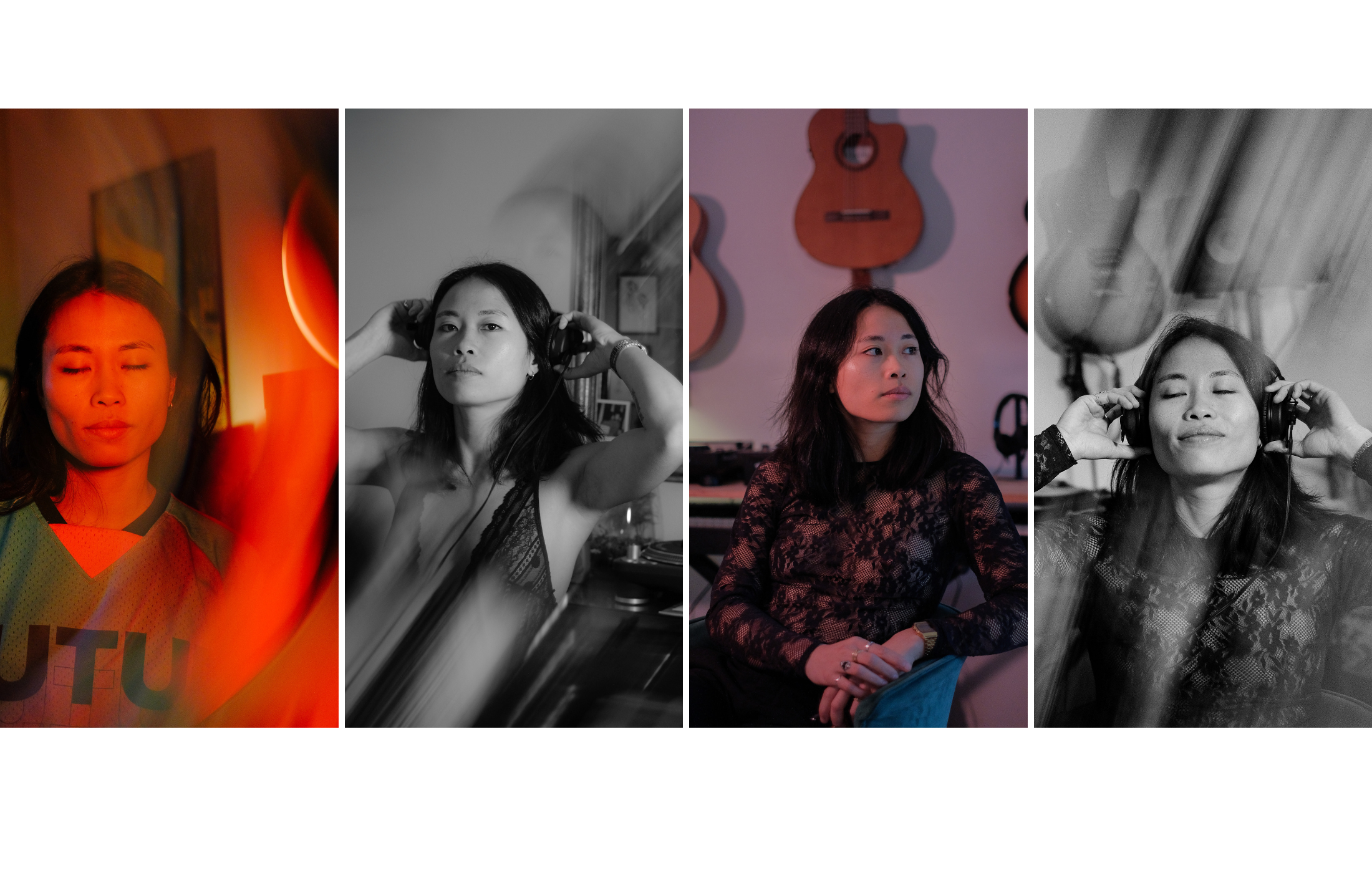 Reportage photo réalisé à Lyon pour un musicien‑artiste DJ : portraits créatifs avec casque, jeux de lumière, ambiances musicales et scènes en intérieur.