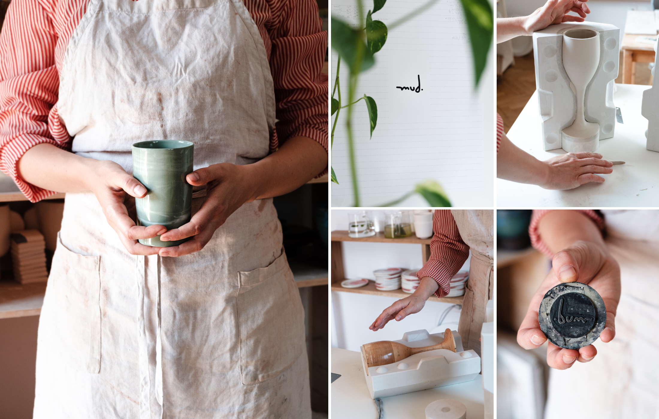 Reportage photo réalisées à Lyon pour un atelier de céramique : gestes de fabrication, moulages, objets en cours de création et détails de l’atelier.