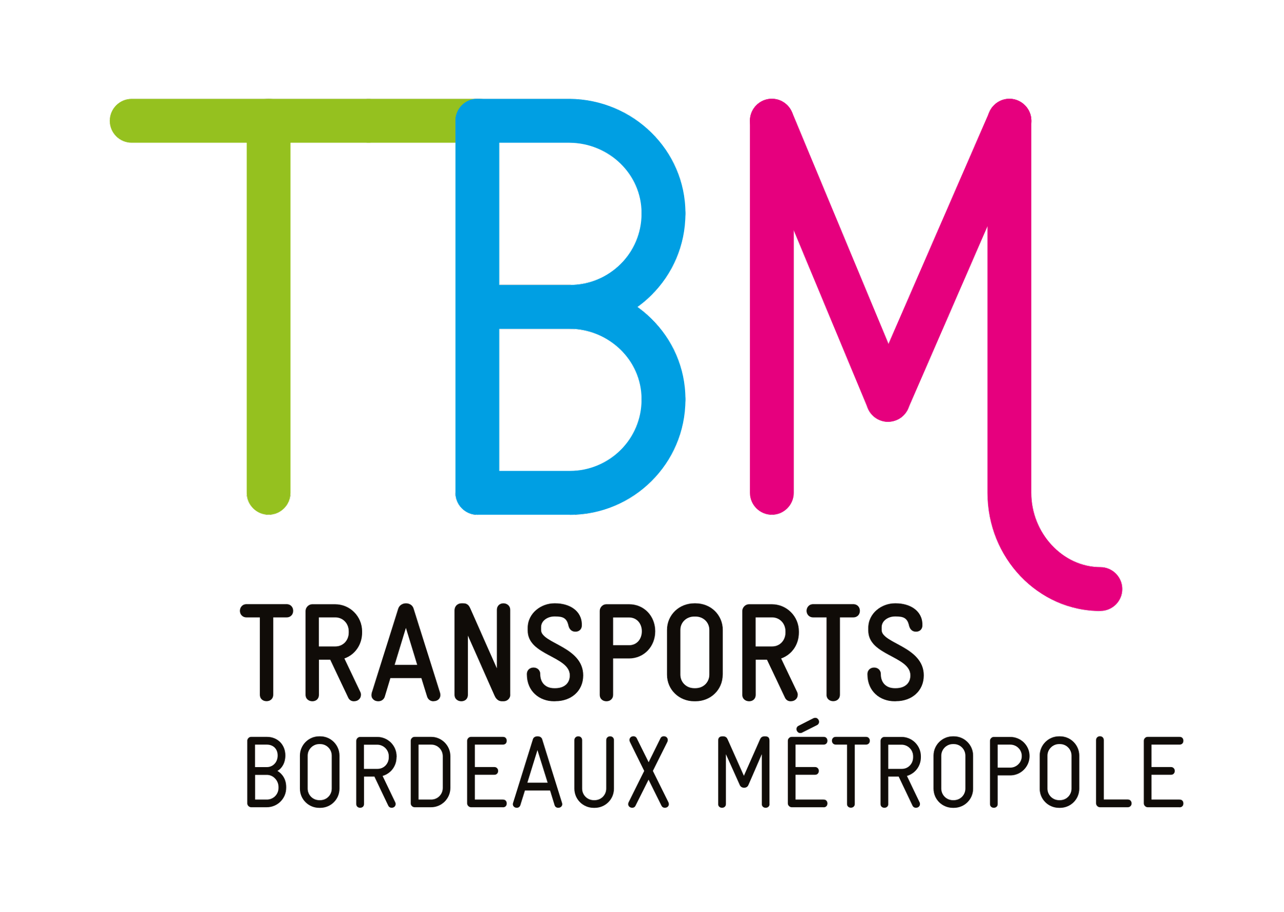 Logo de TBM Transports Bordeaux Métropole avec les lettres TBM en couleurs vert, bleu et rose, et le texte 'Transports Bordeaux Métropole' en dessous.