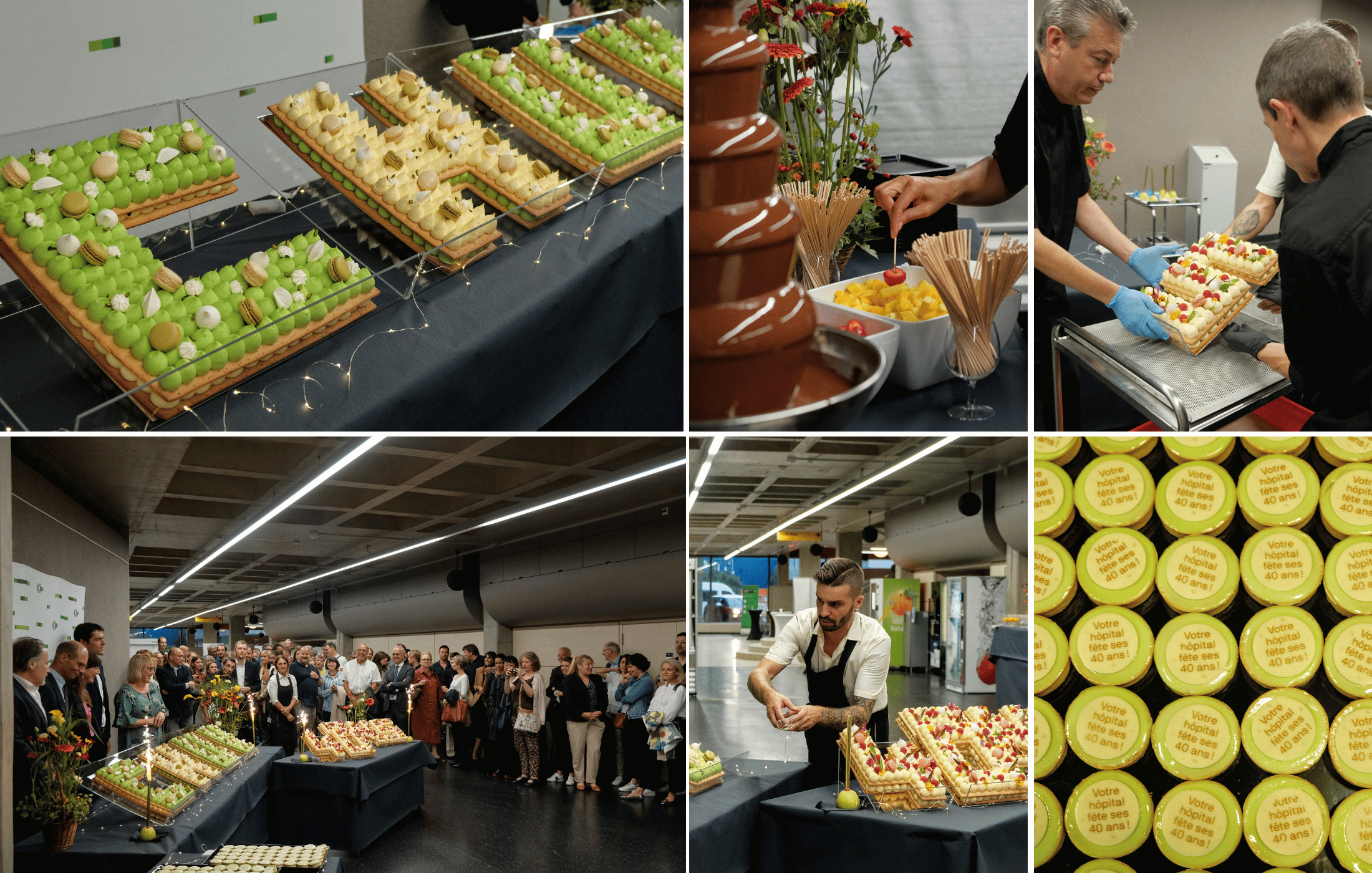 Reportage photo réalisé à Lausanne pour les 40 ans du CHUV : célébration institutionnelle avec pâtisseries, moments de préparation et ambiance festive.