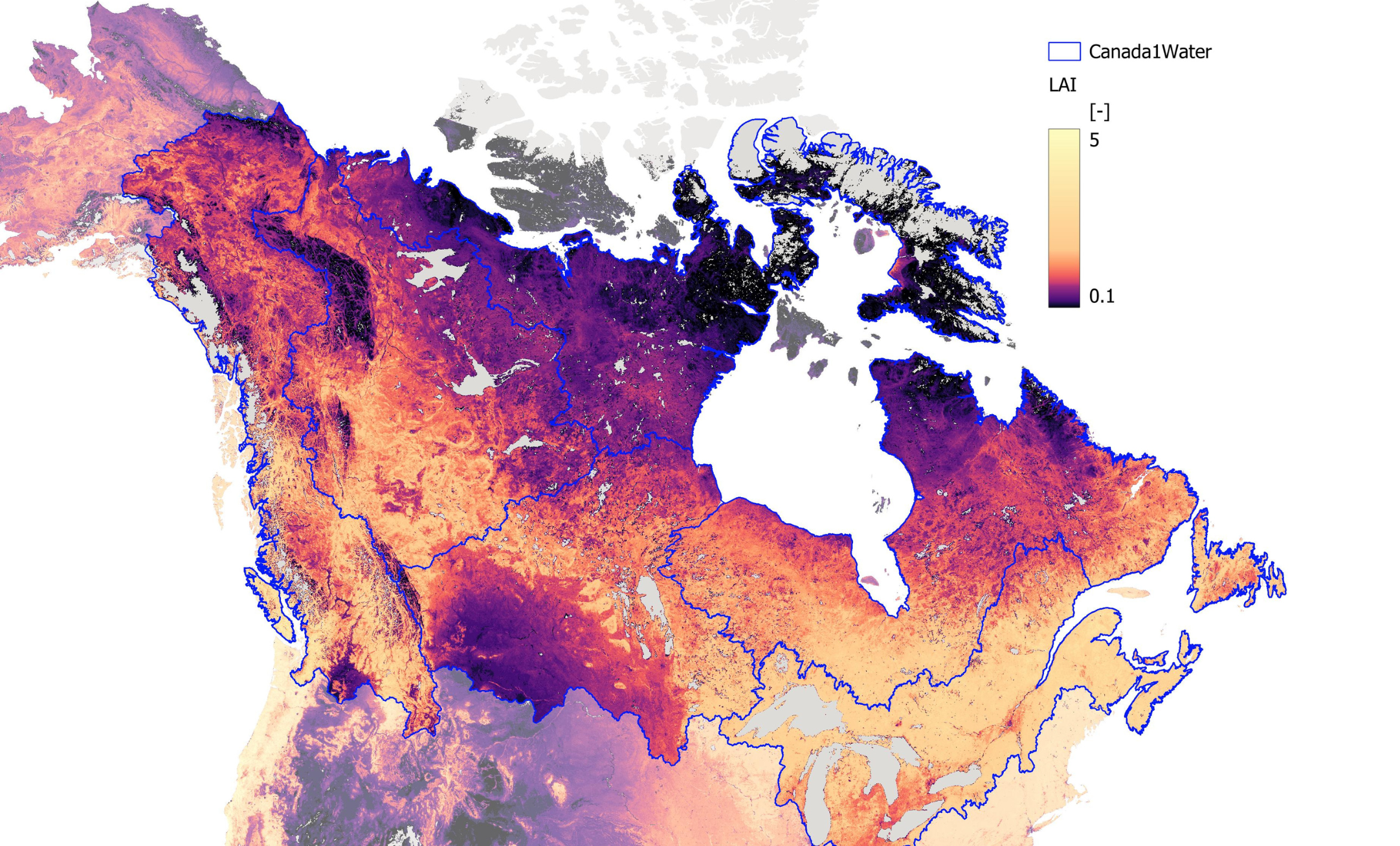 A map of Canada showing water levels across the country with a color gradient from purple to orange. The map includes blue outlines of water boundaries and a legend indicating water levels, with darker purple representing lower levels and lighter orange representing higher levels.
