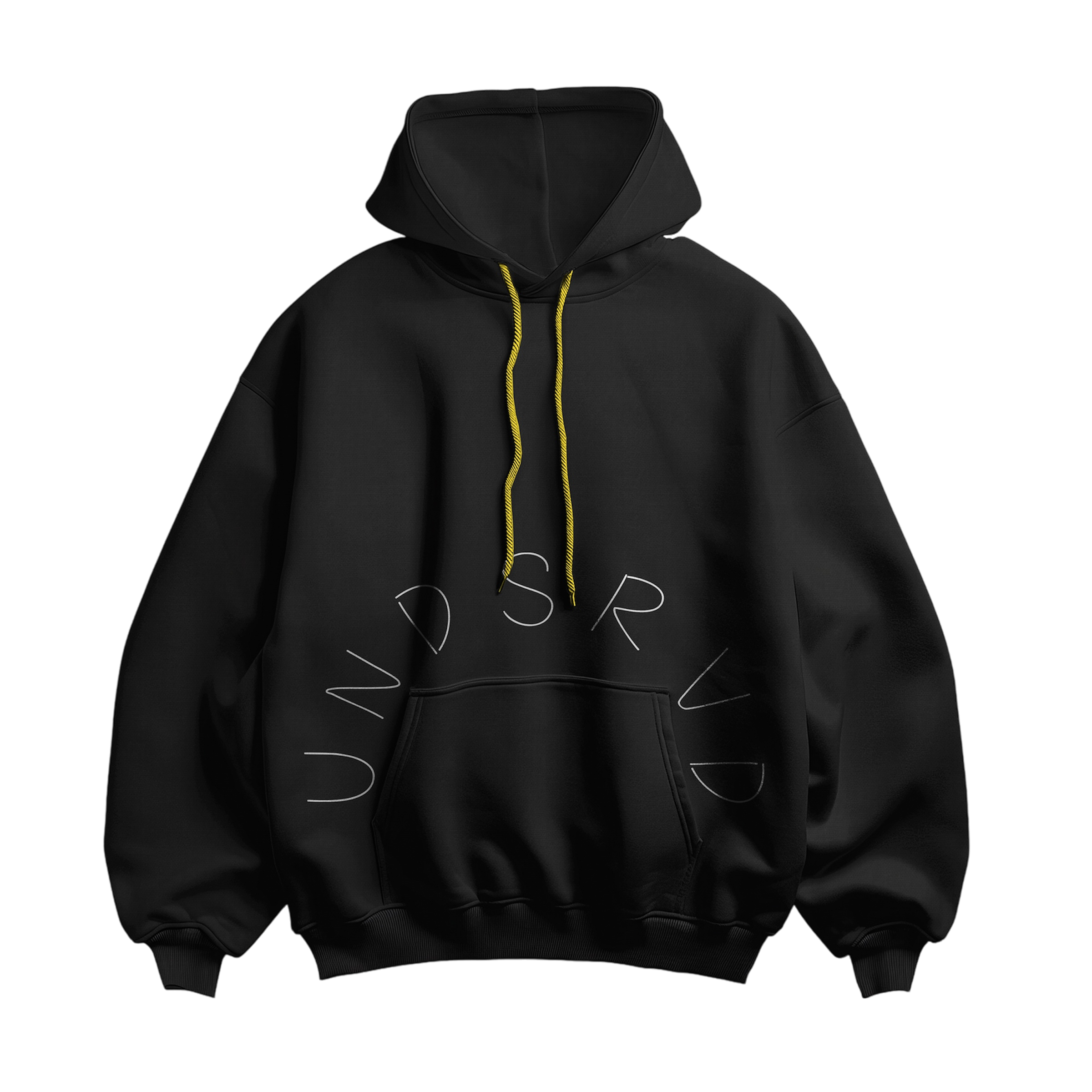 Black hoodie with yellow drawstrings and text reading 'UNIVERS' in a circular arrangement on the front.