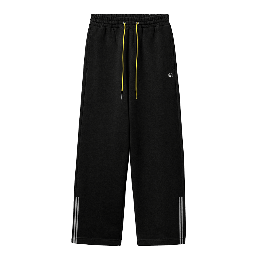 Black athletic pants with yellow drawstrings and reflective stripes on the lower legs.