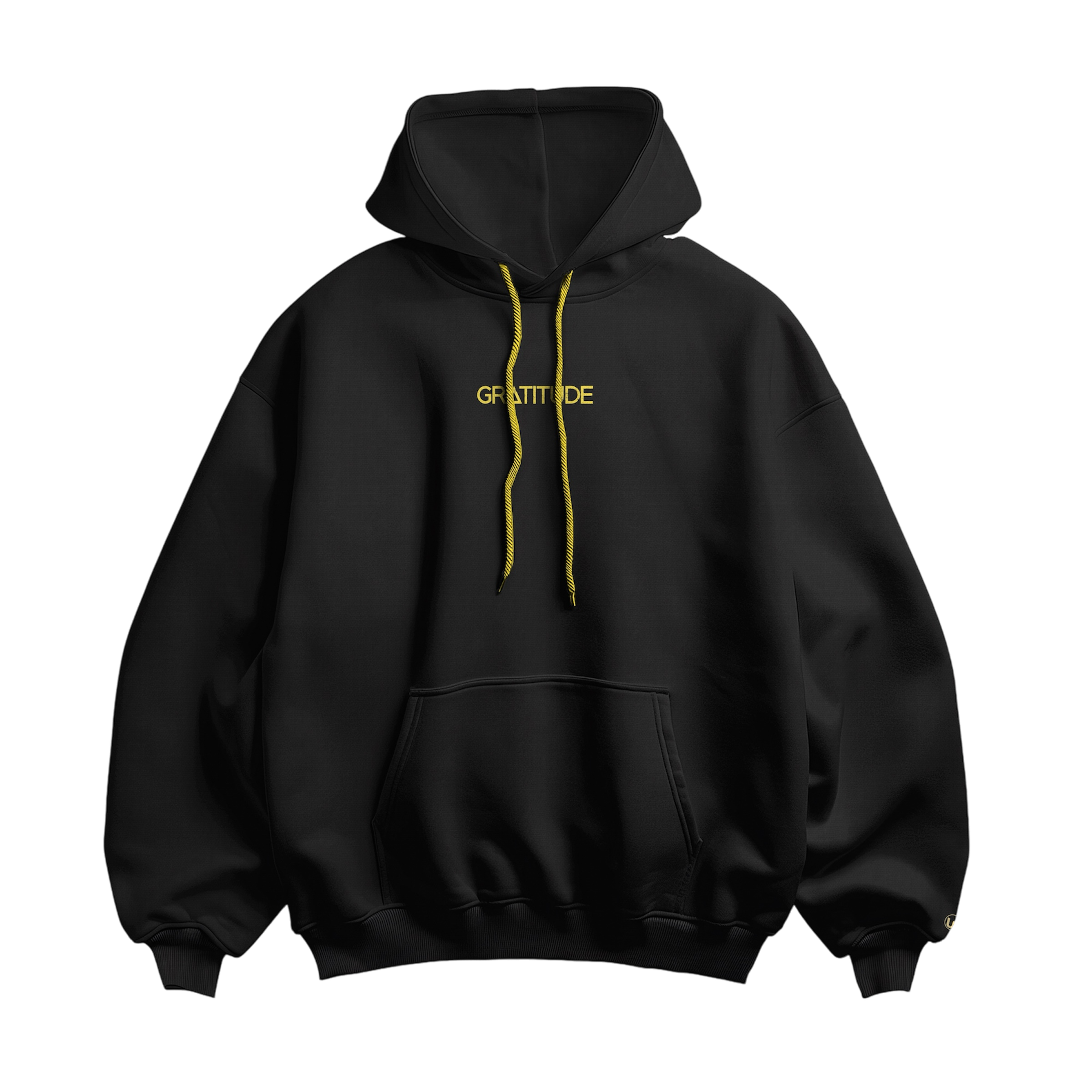 Black hoodie with yellow drawstrings and the word 'GRATITUDE' embroidered on the front.