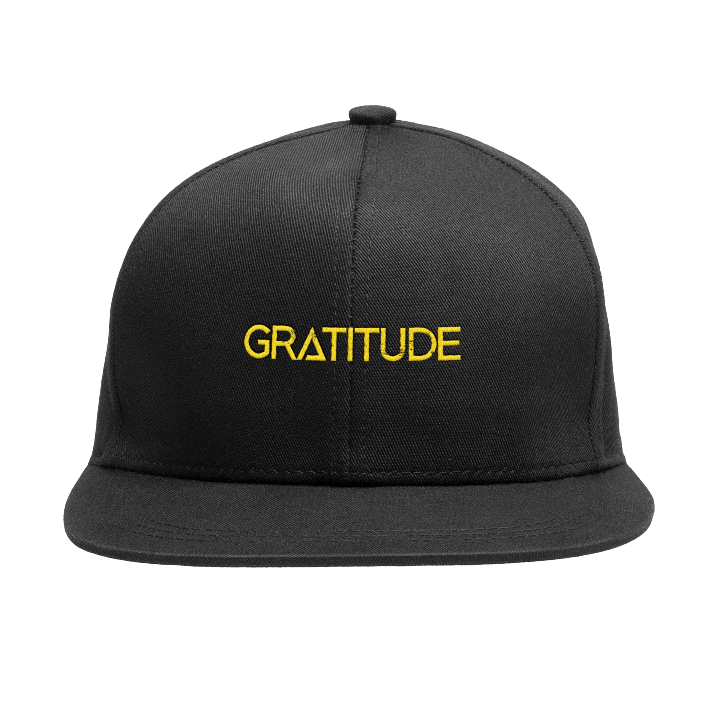 Black baseball cap with the word 'GRATITUDE' embroidered in yellow on the front.