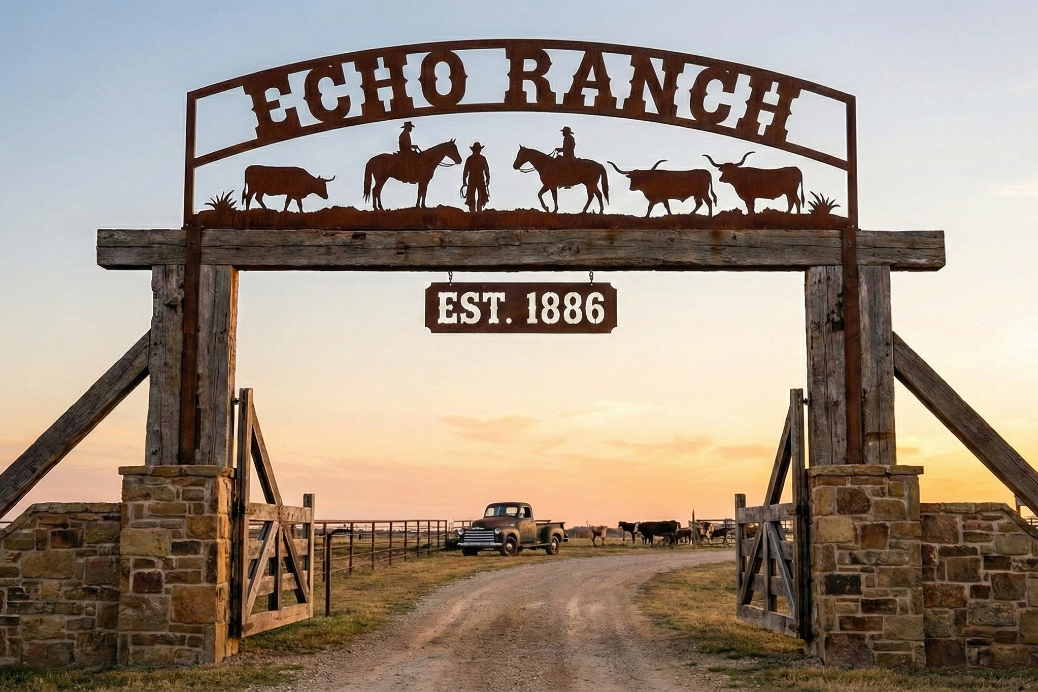 Entrance gate to Echo Ranch with a rusted metal sign, wooden posts, and stone pillars. The sign says 'ECHO RANCH' with silhouettes of cattle, a horse, a rider, and a cowboy. The ranch was established in 1886. A dirt road leads into the ranch, with co