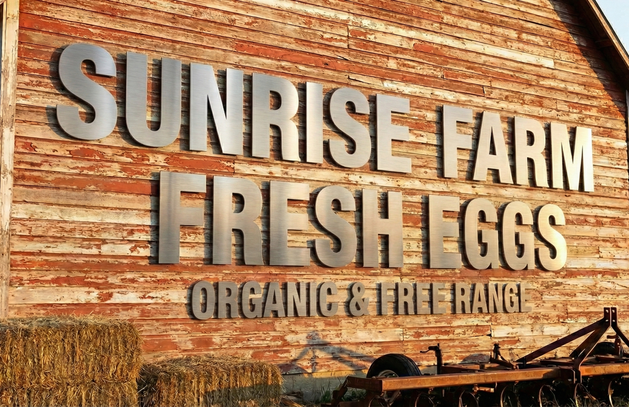 Signboard at Sunrise Farm showcasing fresh eggs, organic, and free-range products with hay bales and farming equipment in front.