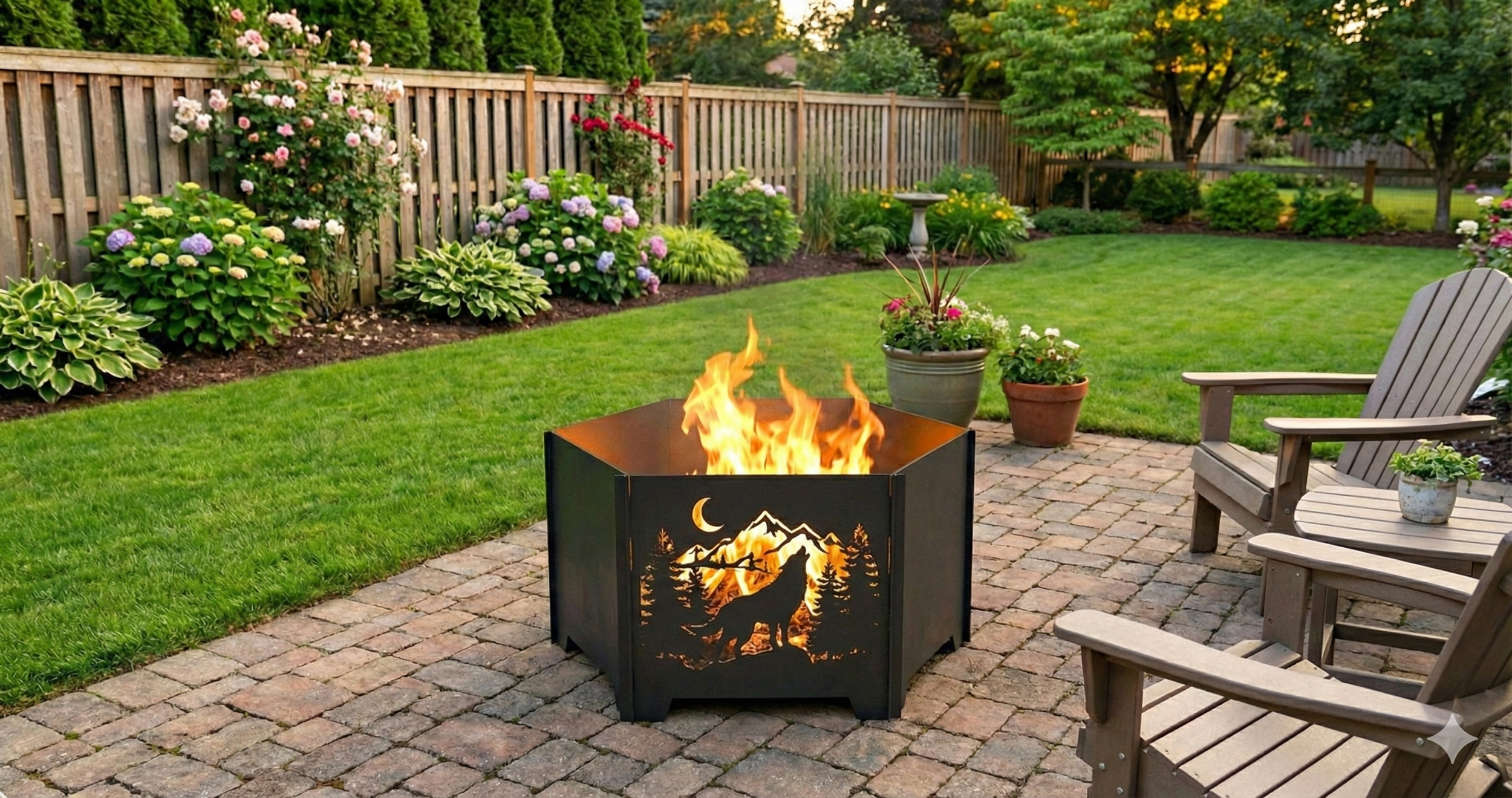A backyard with a custom fire pit, wooden chairs, potted plants, green grass, and flowering bushes along a wooden fence, with trees and shrubs in the background.