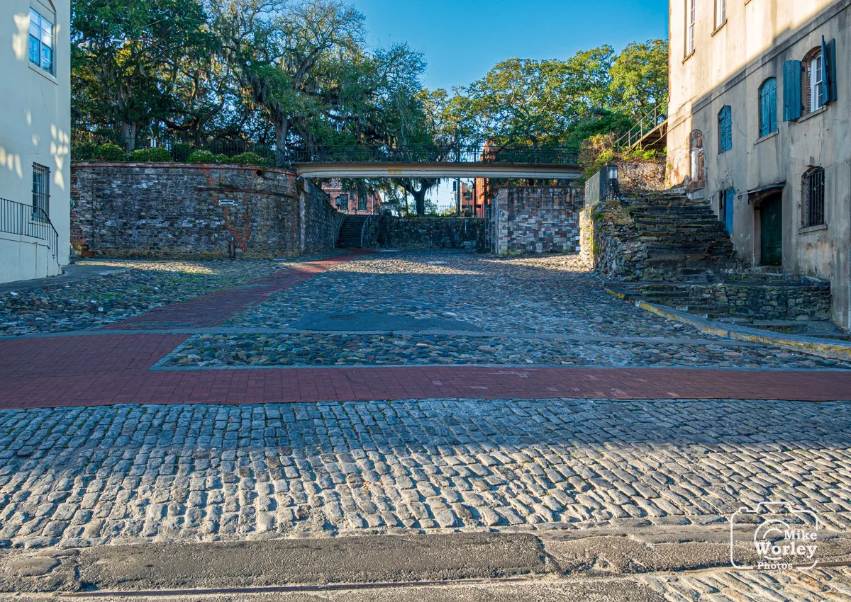 A cobblestone side street from Savannah's historic River Street