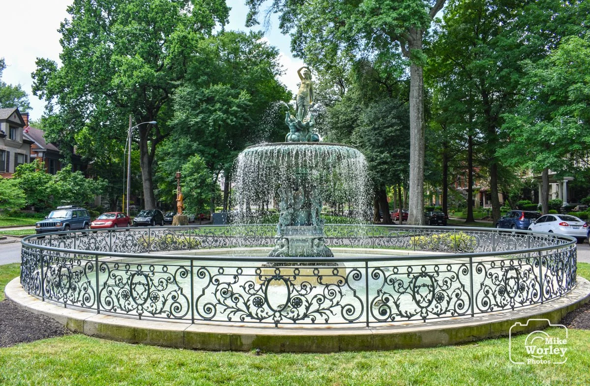 Fountain in the St. James Court neighborhood. The neighborhood is famous for its annual juried art show