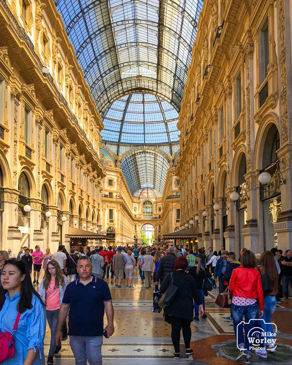 The Galleria Vittorio Emanuele shopping center, located adjacent to the Milan Cathedral courtyard. The 1884 mall includes such high-end stores as Prada and Versace.