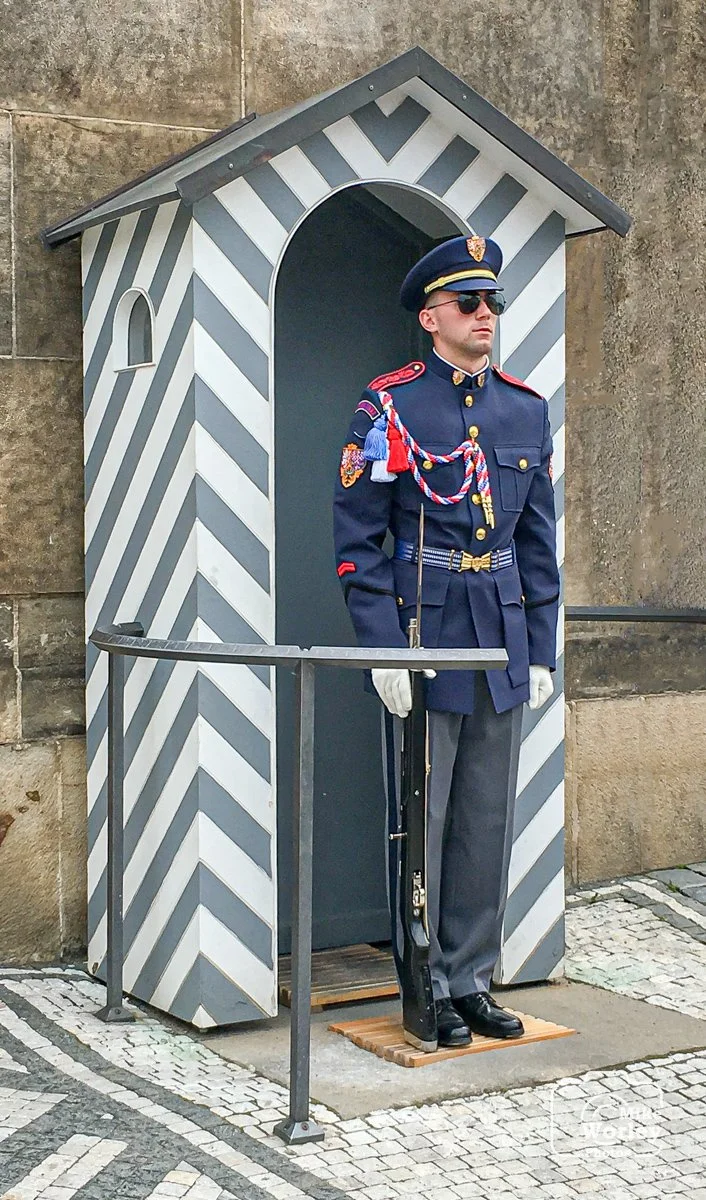 A colorfully uniformed guard at the Palace and Cathedral of St. Vitus