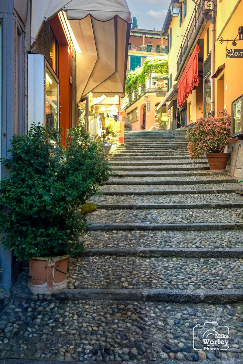 Steep steps in a shopping area of the village of Bellagio on Lake Como