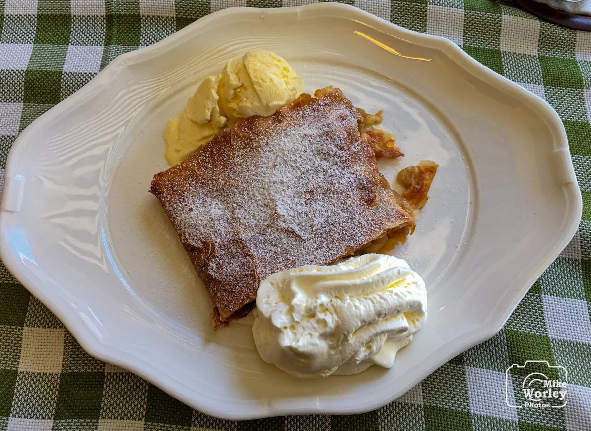 Strudel and ice cream at a sidewalk cafe in Graz, Austria