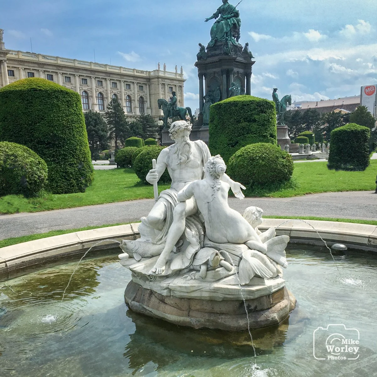 Fountain in the Maria-Theresien-Platz in Vienna Austria. The Kunsthistorischen Museum Wien is in the left background.