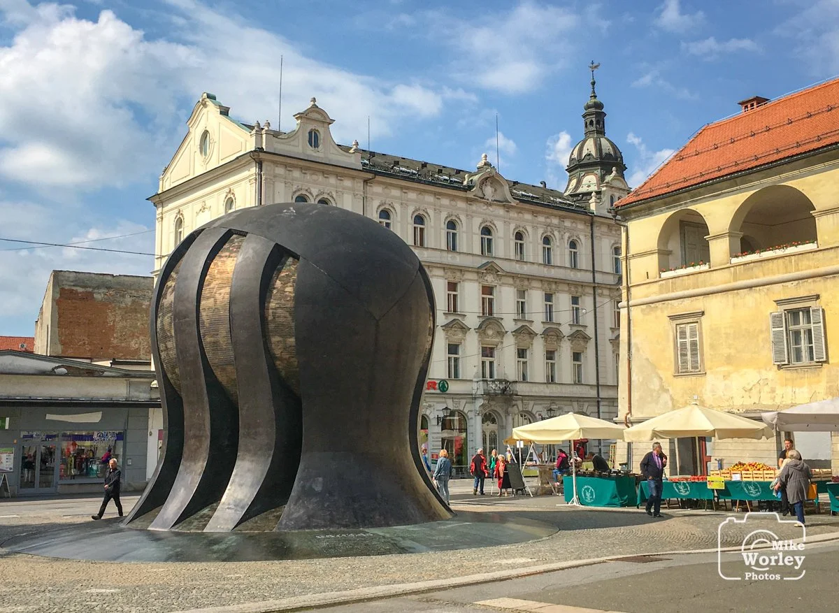 A monument in the town square of Maribor, Slovenia, honors 556 Slovenian partisans killed by Nazi troops during World War II. Faces of the partisans are visible on the monument. The monument is familiarly called "Kodjak" because of the resemblance to