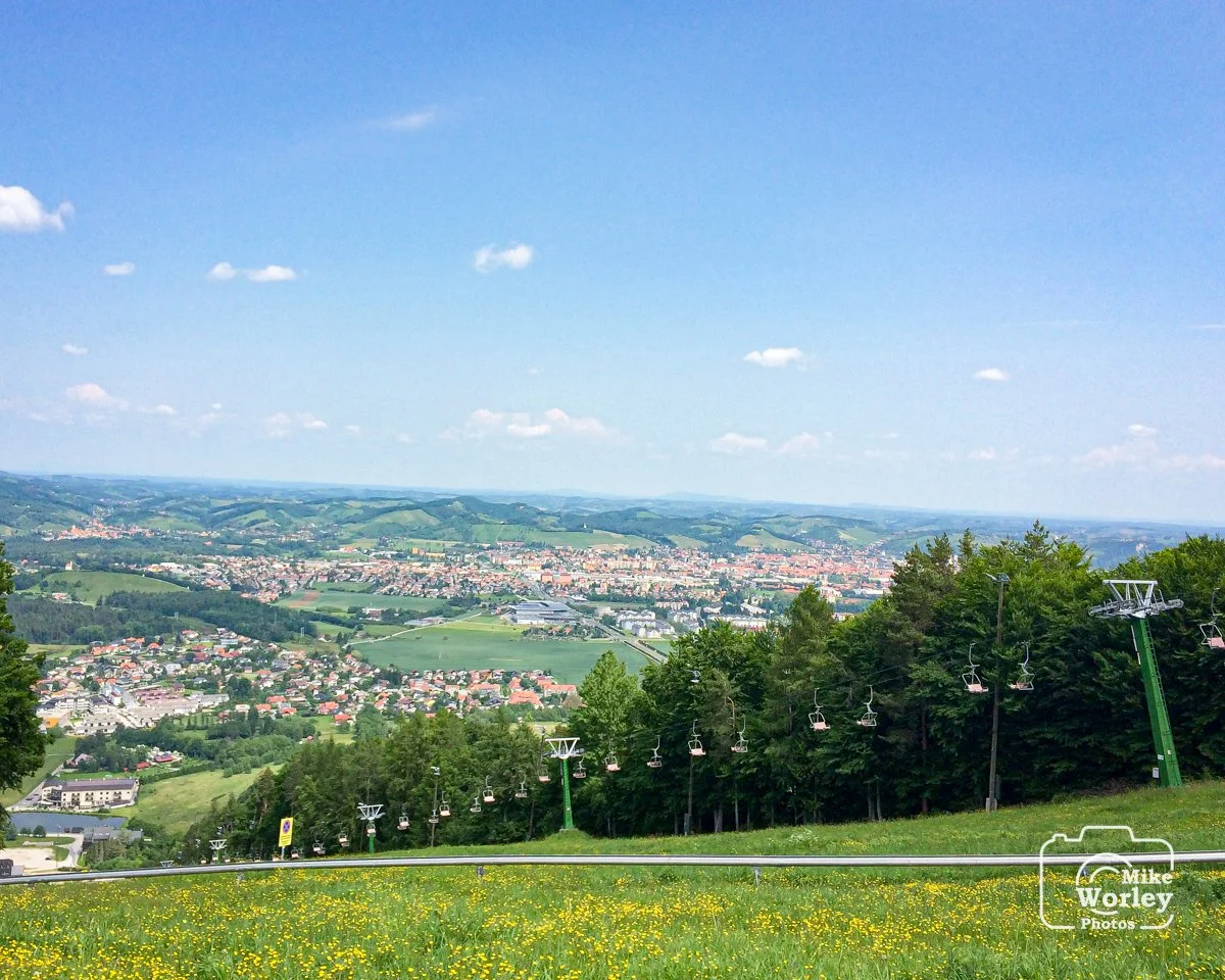 View of the Maribor valley from a point about half way up the main slope of the Poharje Ski Resort.