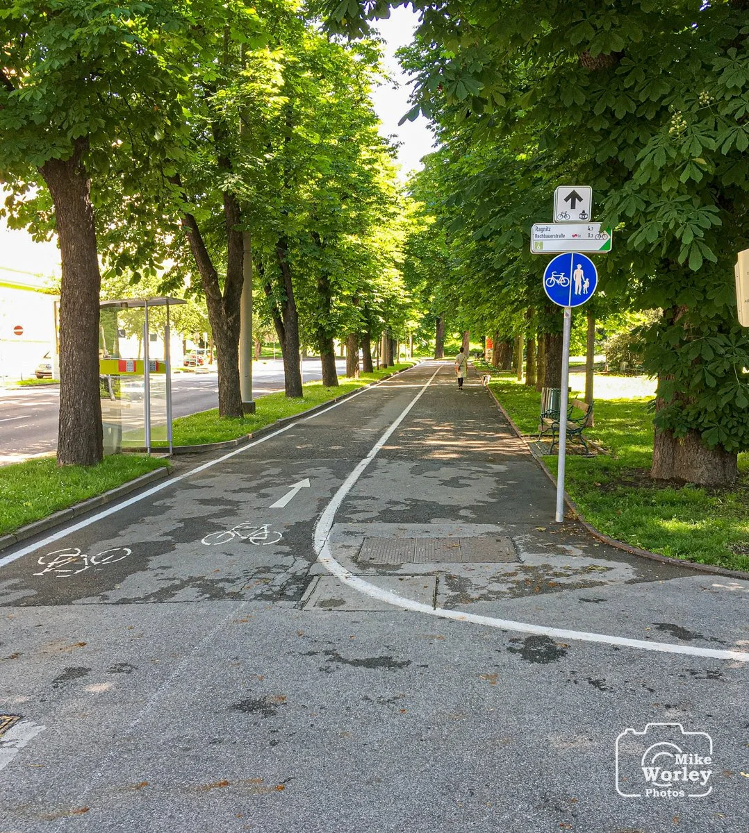 A dedicated bicycle path in downtown Graz, Austria