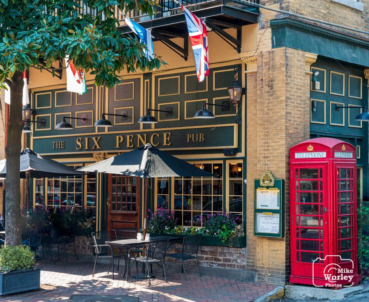 Six Pence Pub with its English phone booth.
