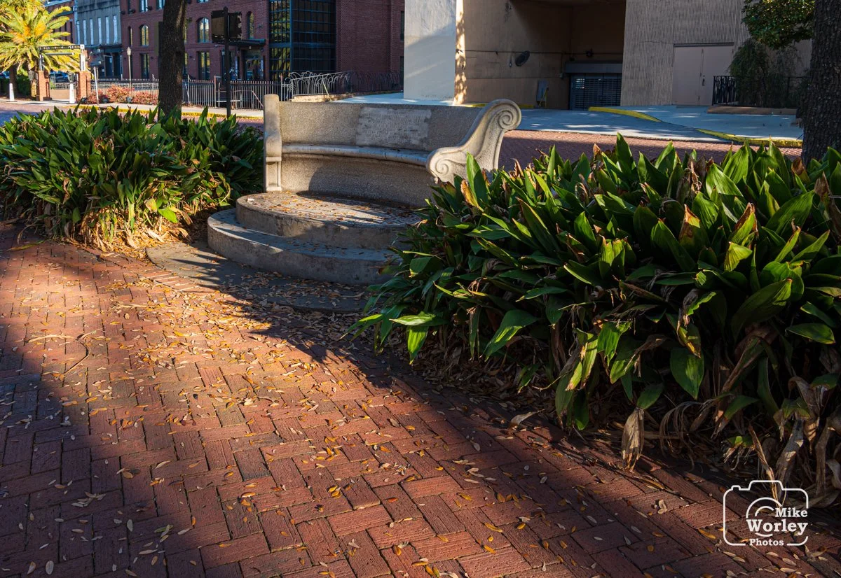 Oglethorpe Bench marks the place where Savannah founder James Oglethorpe first pitched a tent in Georgia.