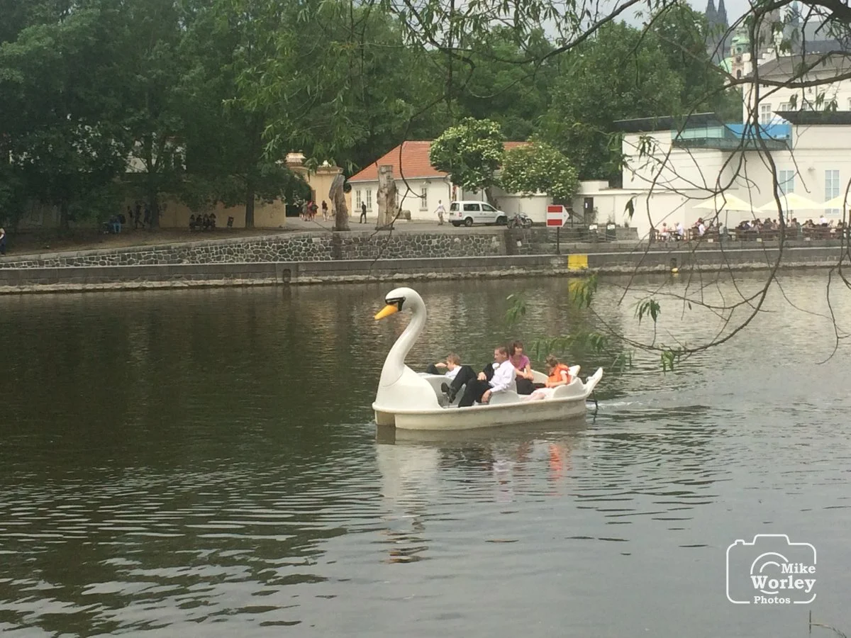 Uniquely designed paddle boats are available for rent to ply the Vitava River