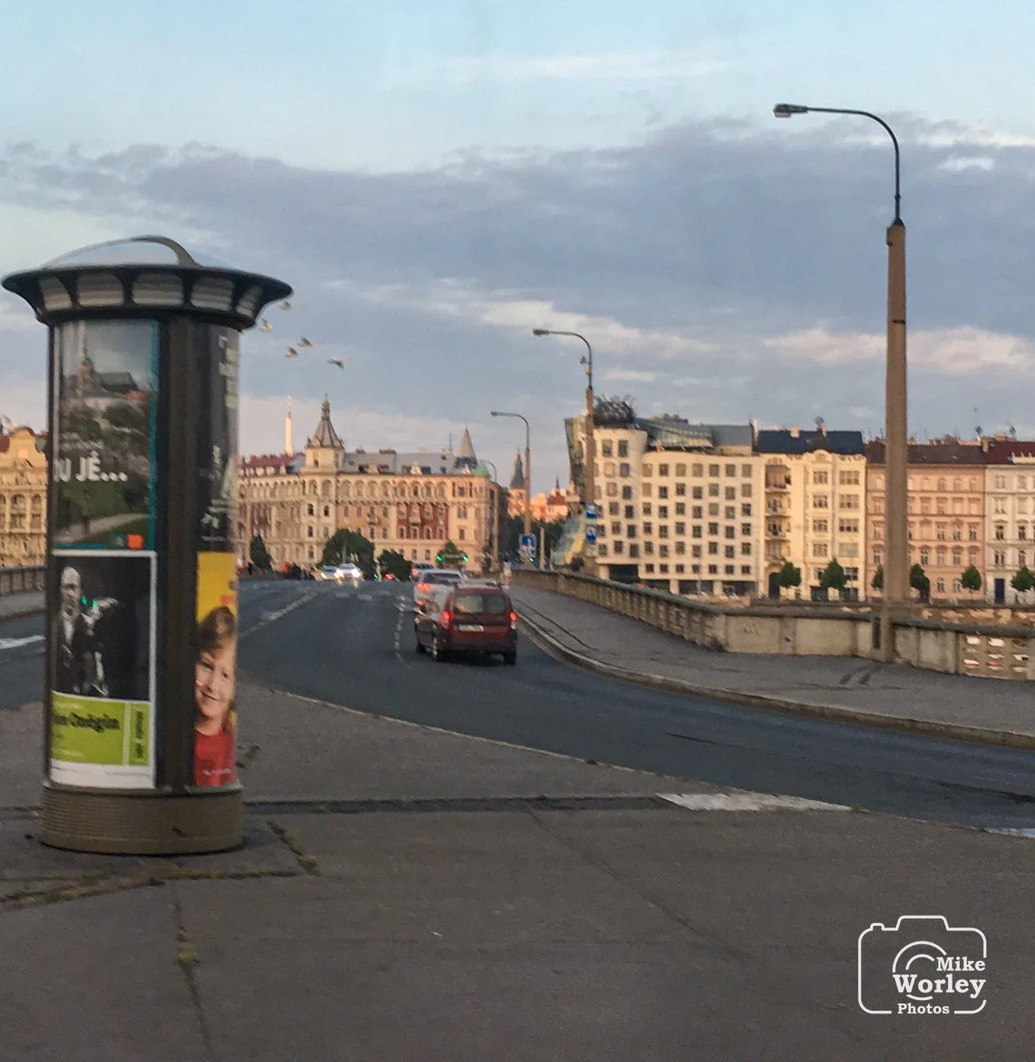 Kunice, Czechia on our way to Prague. The buildings on the right are not distorted - that's actually the way they are built ... The Dancing House designed by Frank Gehry