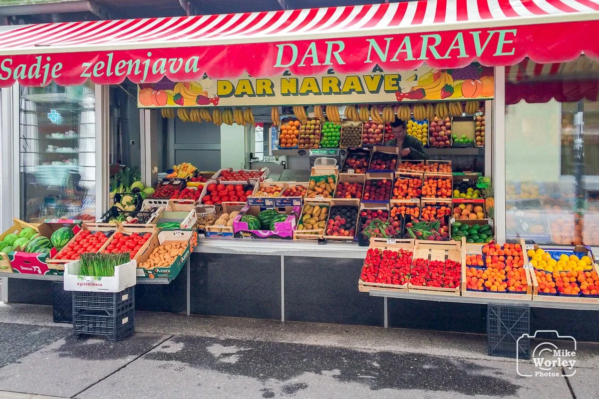 A street-side fruit and vegetable market in Maribor, Slovenia.