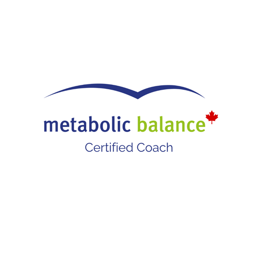 Logo for Metabolic Balance, a certified coach service, featuring a blue curved line, the words 'metabolic' in blue and 'balance' in green, and a red maple leaf.