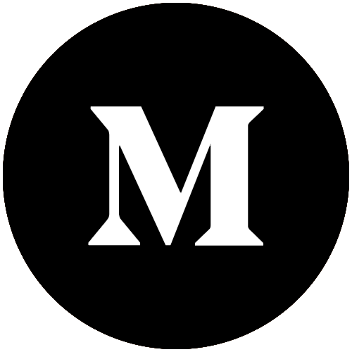 White letter 'M' on a black circular background.