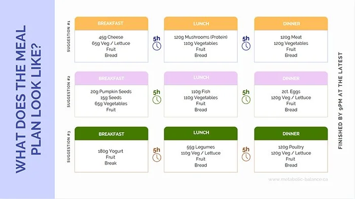 A meal plan chart detailing suggested daily meals for three days, with details on breakfast, lunch, and dinner options including specific food items and portion sizes.