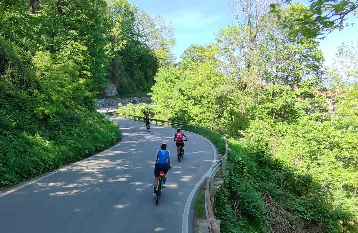 Tre persone che pedalano lungo una strada di montagna circondata da alberi verdi in primavera.