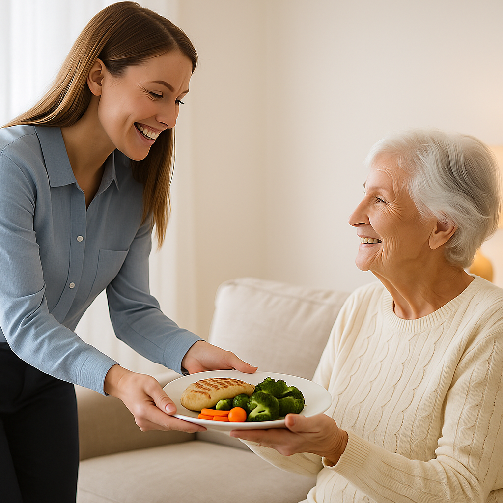 A caretaker hands a plate of food she made as a companion caregiver to a senior in Aspen, Colorado.