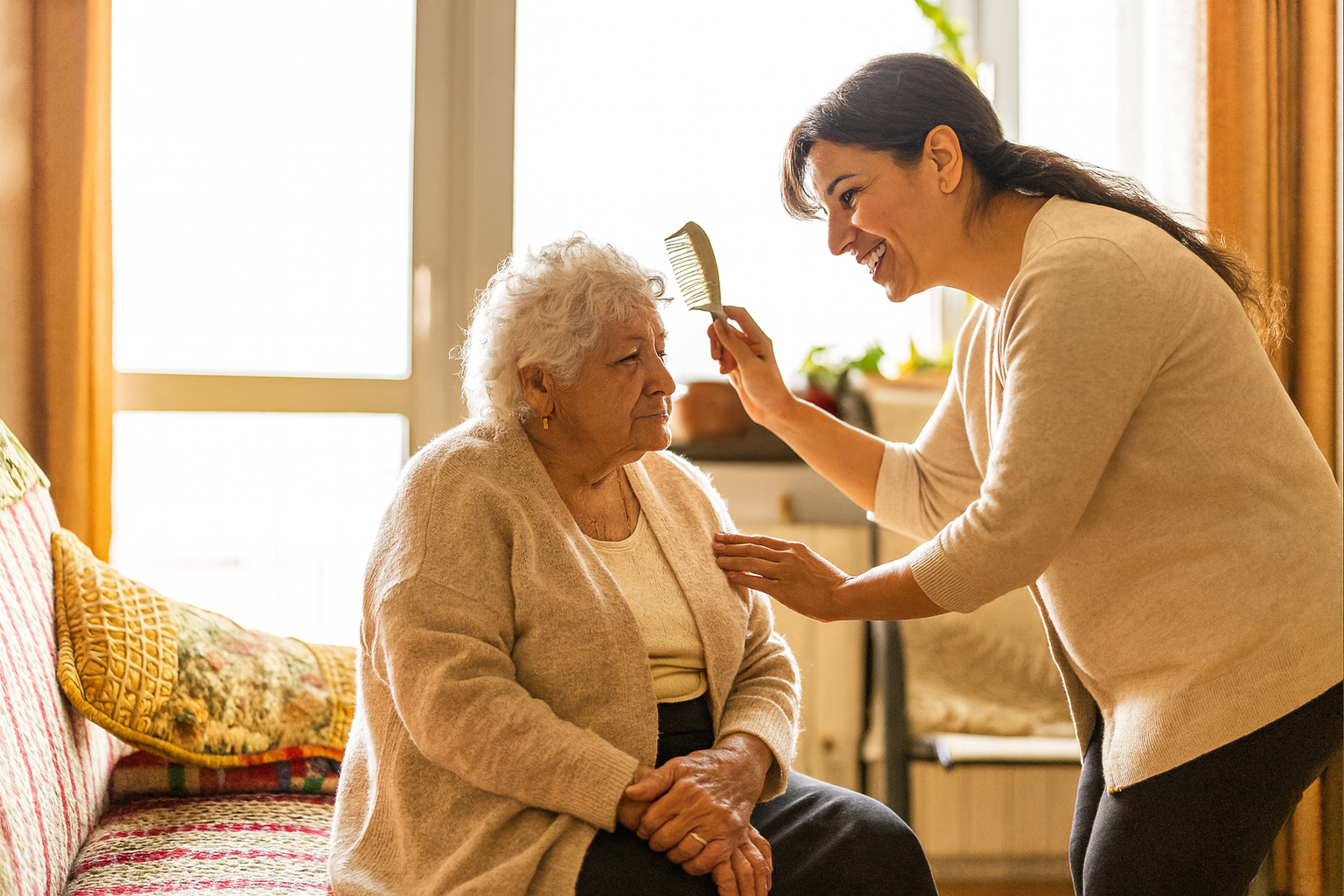 A companion caregiver brushes the hair of a senior who lives in Aspen, Colorado.
